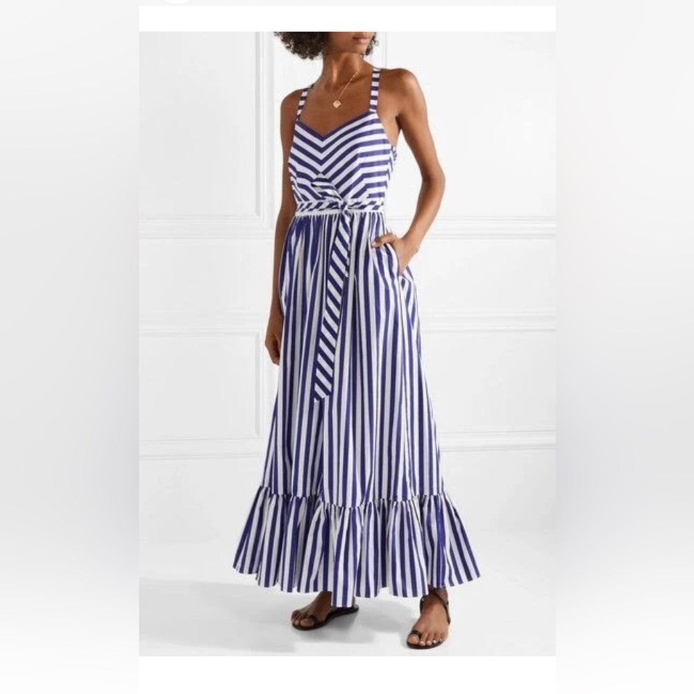 J. Crew Navy and White Striped Ruffle Maxi Dress Cotton